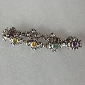 Sterling Silver -14k Gold Bezels With Precious Stones Bracelet #A267